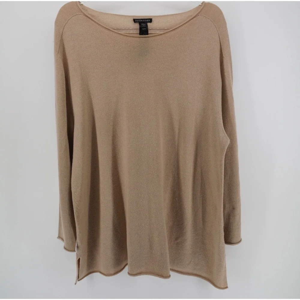 Eileen Fisher 100% Cashmere Boat Neck Sweater Camel Tan XL Minimalist Luxury